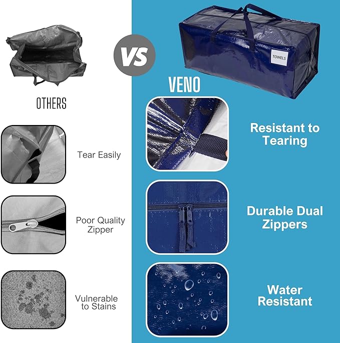 VENO 16 Pack Moving Bags w/Backpack Straps, Heavy Duty, Moving Boxes Alternative, Packing Supplies, Large Storage Totes for Dorm Room Essentials with Zipper for Clothes (Blue, 16 Pack)