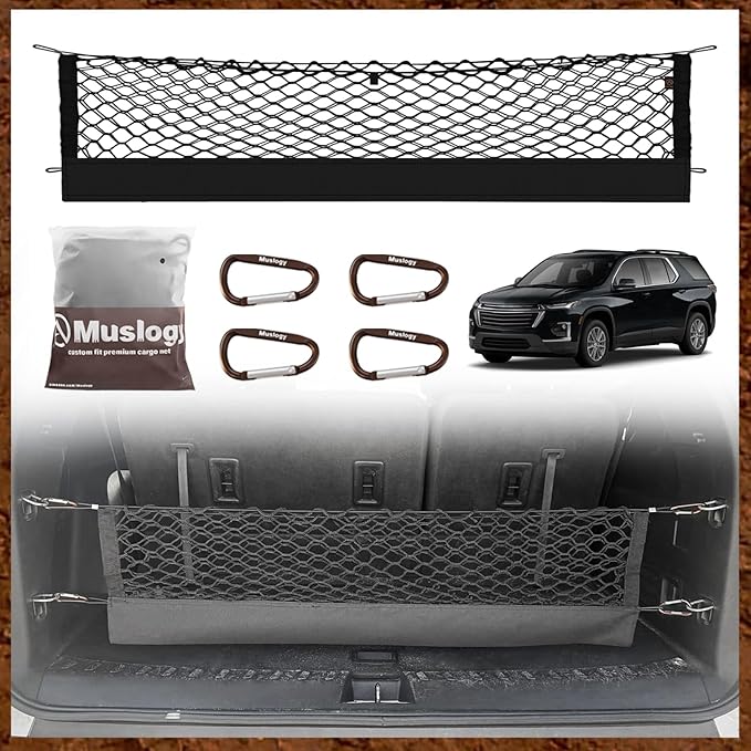 Muslogy Envelope Style Trunk Cargo Net Compatible with 2018-2023 Chevy Traverse Accessories Custom Fit Trunk Organizer Upgraded Mesh Storage Luggage Net with Metal Hooks