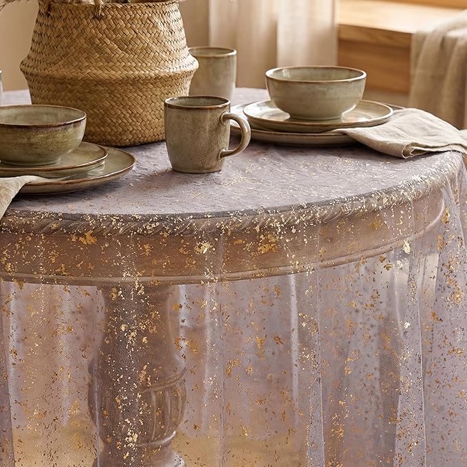 Horaldaily Grayish Purple Gold Tablecloth 60x60 Inch Round, Golden Sequin Glitter Metallic Foil, Sheer Tulle Cheesecloth for Wedding Baby Shower Ceremony Birthday
