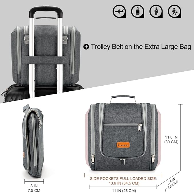 Hanging Toiletry Bag for Women & Men, Cruise Ship Travel Essentials, Holds Full-Size Shampoo, with Dry and Wet Separation Cosmetic Bag, Makeup Organizer Bag, Bathroom Water-Resistant Bag, Grey