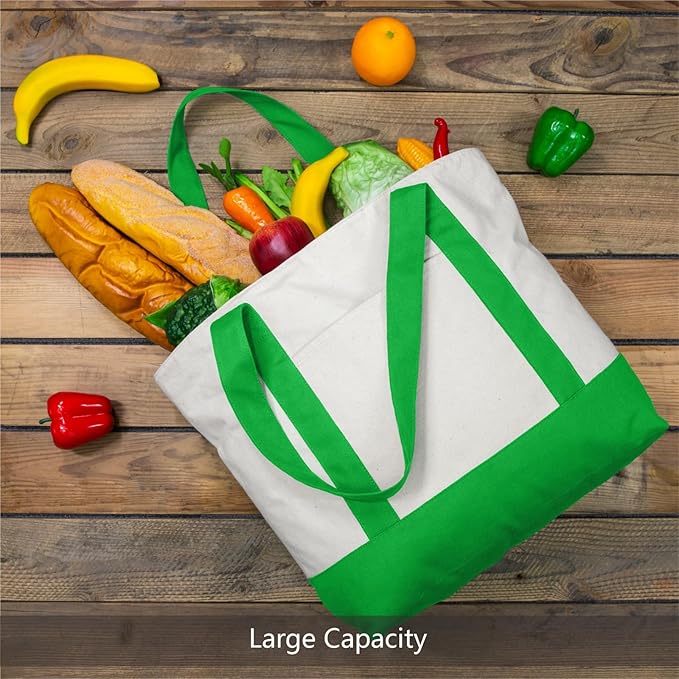 TOPDesign 6-Pack Canvas Tote Bags with an External Pocket, Reusable Grocery Shopping Bags, Top Zipper Closure, Daily Essentials (Lime Green/Natural)