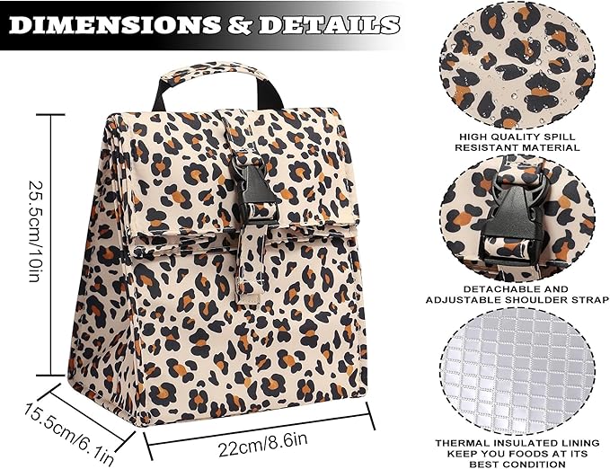 Insulated Foldable Lunch Bag - Lightweight Portable with Adjustable Shoulder Strap Lunch Box for Men, Women, Office, Work, Picnic, Hiking and Beach (Leopard(Soft Fabric))