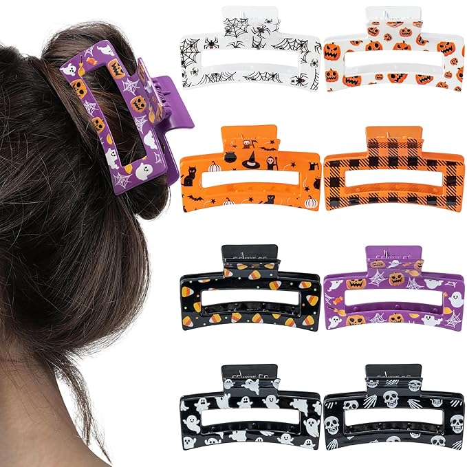 PANTIDE 8Pcs Halloween Hair Claw Clips for Women Girl - Spooky Spider Pumpkin Ghost Witch Hat Rectangle Nonslip Banana Hair Clips, Thin Thick Short Long Curly Accessories, Halloween Costume Party Gift