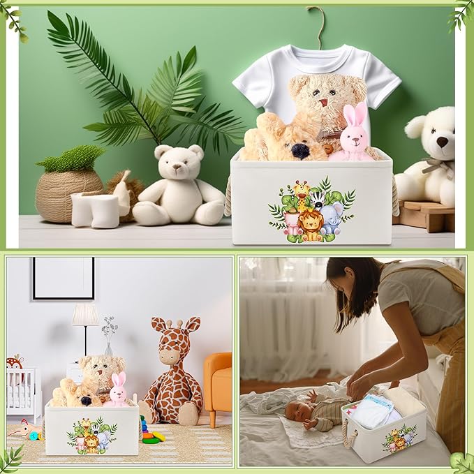 Pickmesh Baby Shower Storage Basket with Gift Bags Rectangular Ribbons Collapsible Canvas Storage Bin with Handles for Diaper Organizing Toy Home DIY Gift Basket, 13 x 9. 1 x 7. 1 Inch(Jungle Theme)