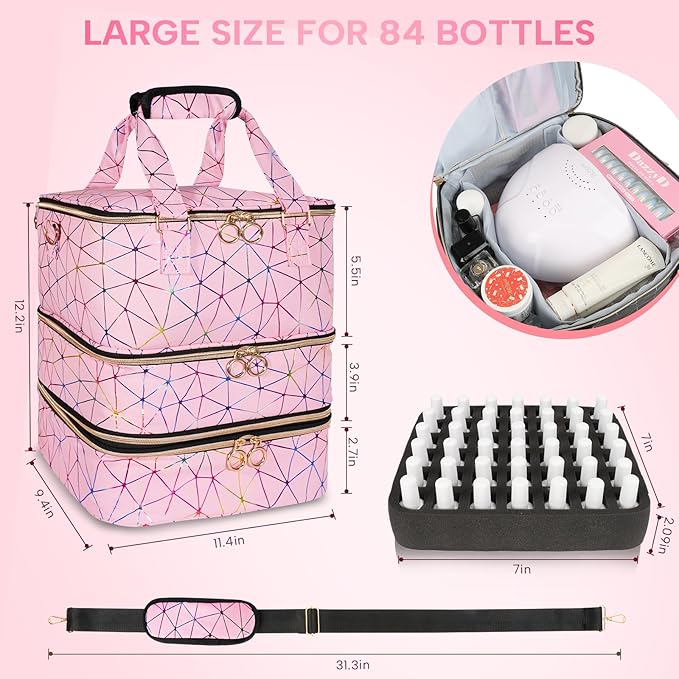 Nail Polish Organizer Bag Holds 84 Bottles & Nail Lamp, 3 Layers Nail Kit Storage Carrying Case Pu Leather, Large Nail Supplies Organizer With Shoulder Strap, Portable Travel Nail Bag, Pink