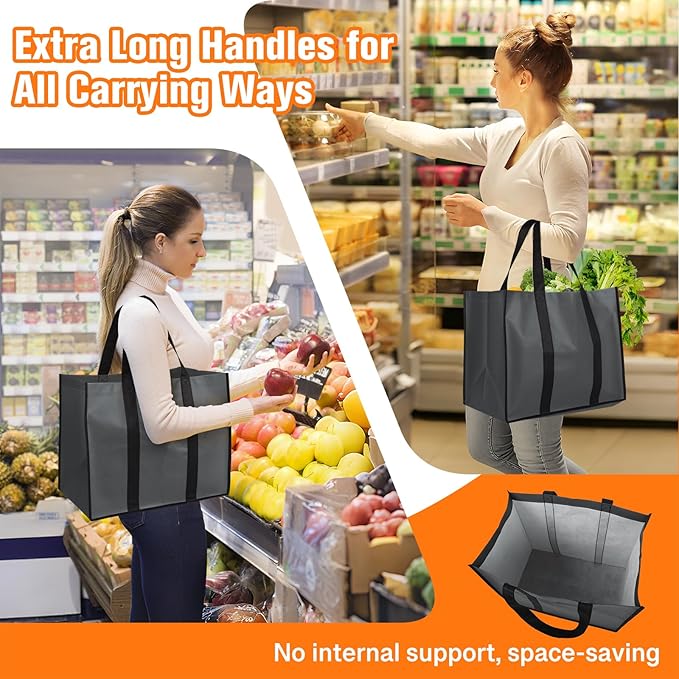 WISELIFE Reusable Grocery Bags with Handles - 4 Pack, 35L Large Shopping Bags for Groceries, Water-Resistant & Foldable Grocery Totes for Lasting Use for Kitchen, Market, Car Trunk, Picnic (Gray)