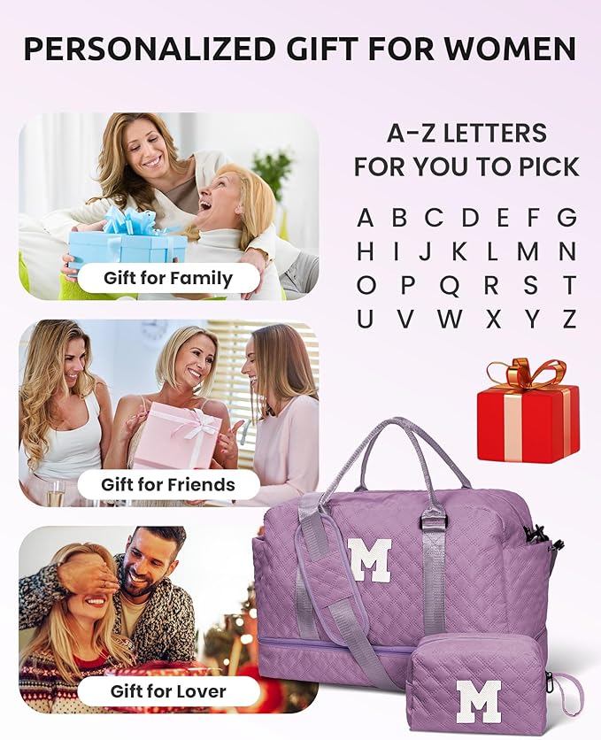 Gifts for Friends-Initial Duffle Bag with Shoe Compartment, Personalized Weekender Bag, Monogram Overnight Bag, Travel Bag with Makeup Bag，Birthday Gifts Bag for Daughter Sister (Letter I)
