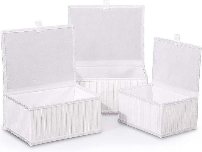 Honygebia Bamboo Decorative Storage Boxes - Set of 3 Woven Lined Storage Baskets with Lids, White Wicker Lidded Baskets for Home Kitchen Shelf Organizer Decor