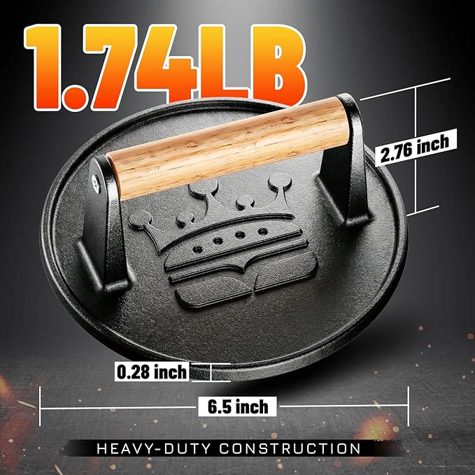 Smash Burger Press 6.5”,Cast Iron Flat Round Edge Grill/Bacon/Meat/Hamburger/Chef Press with Wood Handle,1.74lb hamburger press patty maker for Griddles,Nonstick burger smasher for griddle accessories