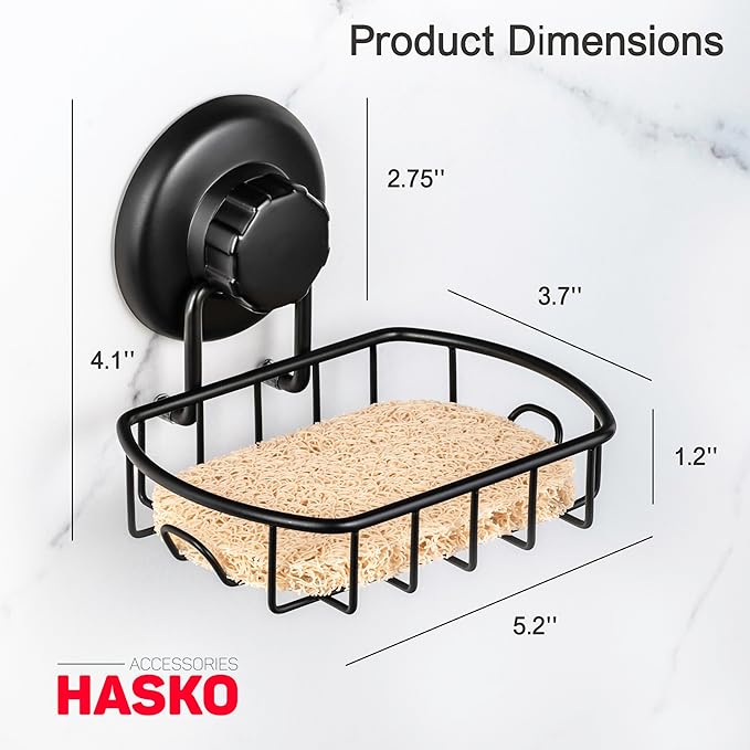 Suction Soap Dish with Hooks - Super Powerful Vacuum Suction Cup Shower Soap Holder - Rustproof Stainless Steel SS304 Soap Basket - Sponge Holder for Bathroom & Kitchen (Black)