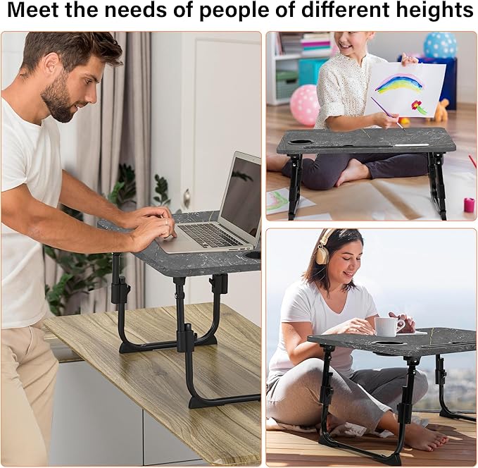 Laptop Desk for Bed, Height Adjustable, Lap Bed Table with USB/Storage Drawer/Cup Holder/Tablet Stand/Book Shelf, Foldable Breakfast Tray Portable for Reading Writing, Sofa & Floor, Deep Stone Texture