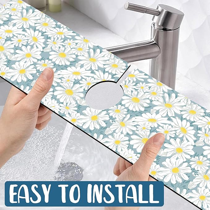 White Flower Sink Faucet Absorbing Mat Cute Chamomile Super Absorbent Fast Drying Mat Sink Gadgets Behind Faucet Sinkmat for Kitchen Bathroom, 23.5"x5.5"