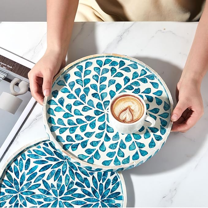 Chunful Mother of Pearl Round Serving Tray 10 Inch Wood Coffee Table Tray for Tea Breakfast Kitchen Cabinet(Teal Floral Style)