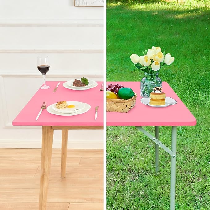 Fitted Rectangle Tablecloth 20 x 30 Inch Elastic Table Cloth for 2.5ft Table, Stretch Spandex Table Cover Pink Washable Polyester Table Top Cap Cover for Dining Picnic Camping Indoor and Outdoor