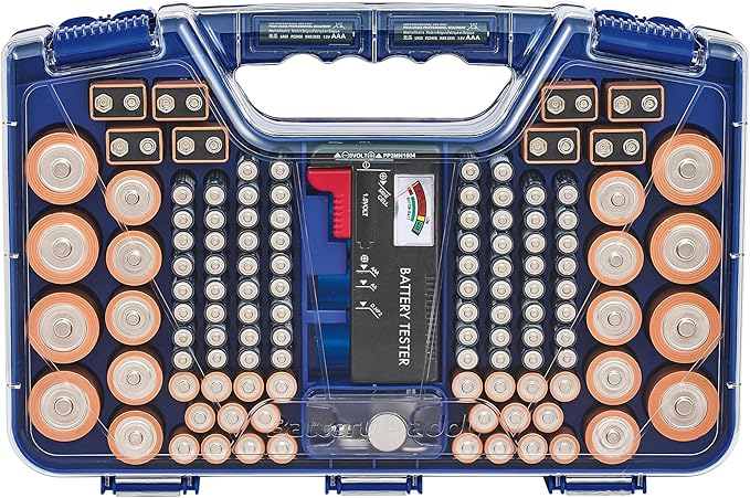 Battery Daddy Storage & Organizer Case with Tester, Stores & Protects Up to 180 Batteries, Double-Sided, Clear Locking Lid, Secure Latches & Portable Carrying Handle - Blue (Batteries Not Included)