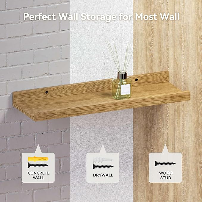 35.3 Inches Long Floating Shelves, Set of 2 Rustic Wall Shelves for Bedroom, Nursery Bookshelf with Lip, Picture Ledge Shelf for Wall Decor Living Room Bathroom Kitchen - Oak
