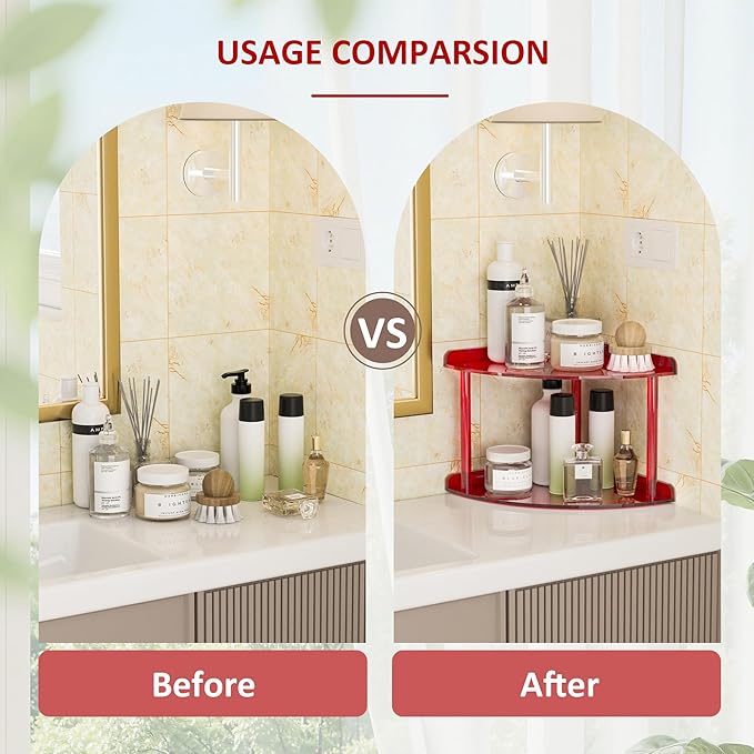 2 Tier Acrylic Corner Shelf Organizer Storage 9.5x9.5x8 Inch, Red Countertop Corner Shelf for Bathroom, Kitchen, Bedroom, Office, Study Room