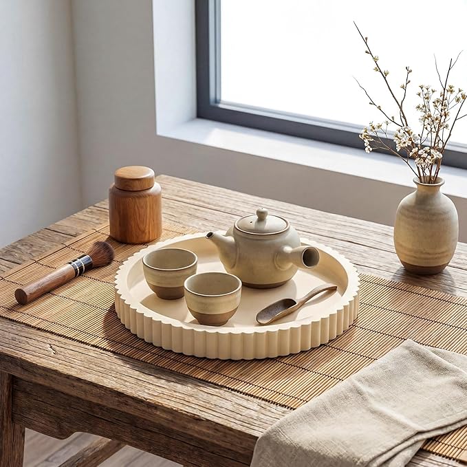 Round Concrete Decorative Tray for Coffee Table Decoration 12" Modern Cream White Table Centerpieces Decorative Ottoman Tray for Serve Home Decoration Accent Bandejas Decorativas Gift