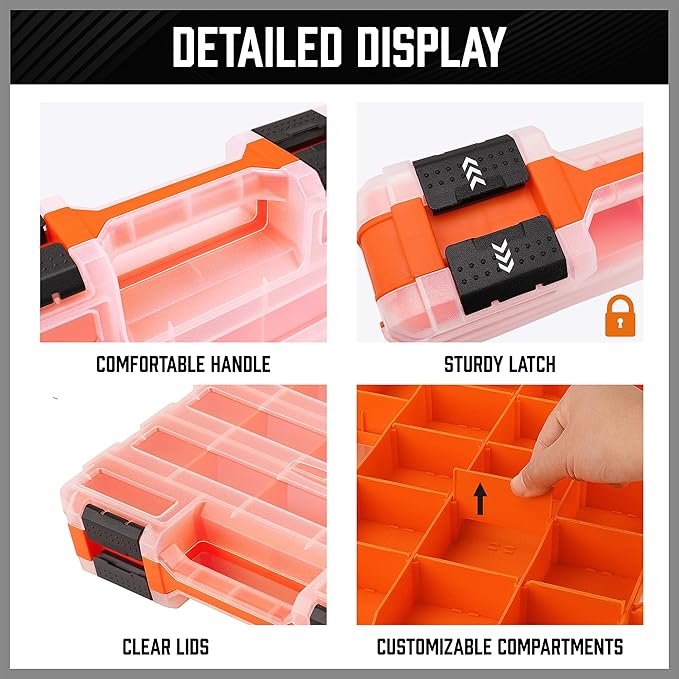 HORUSDY 2-Pack Double Side Parts Organizers, 34-Compartments Tool Box with Removable Dividers, Small Hardware Storage Case for Screws, Bolts, Nuts, Nails, DIY, Crafts, Fishing Gear & Small Parts