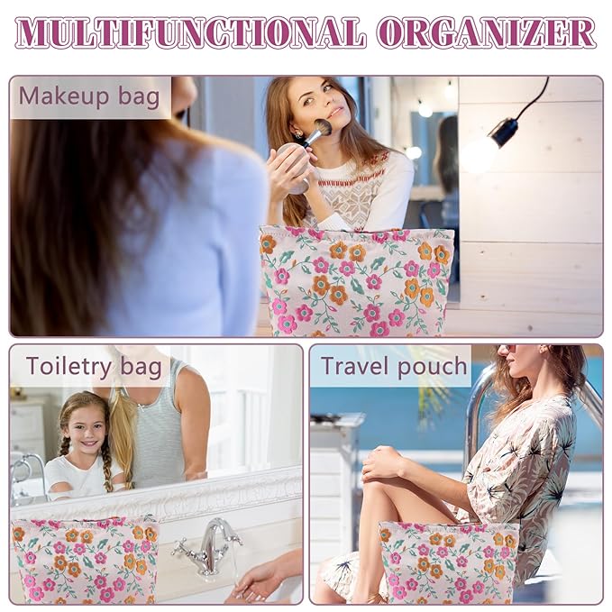 ZLFSRQ Daisy Flower Makeup Bag Travel Cute Floral Cosmetic Bags for Women Large Toiletry Pouch Zipper Cosmetic Pouch for Purse Aesthetic Makeup Organizer Bag Portable Toiletry Bags (Orange and Pink)