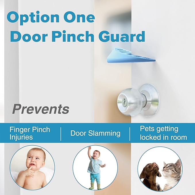 Upgraded Silicone Door Pinch Guard and Door Stoppers 2 Functions in 1 with 4 Free Hooks, Heavy Duty Finger Pinch Guard Prevents Finger Pinch Injuries, Slamming Doors. 4 Packs, Blue