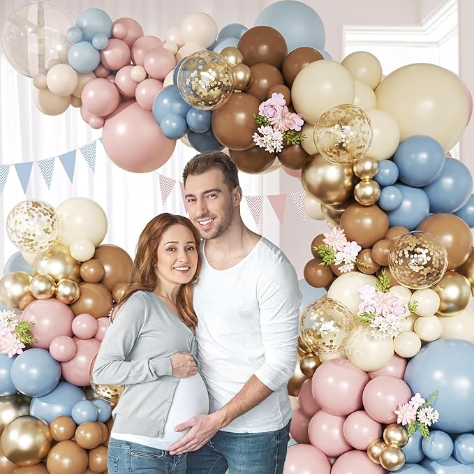 Woaipati 148Pcs Dusty Pink Blue Brown Yellow Balloon Arch Garland Kit, Retro Pink Dusty Blue Brown Pastel Yellow Gold Confetti Balloons for Baby Shower Wedding Engagement Birthday Party Decorations
