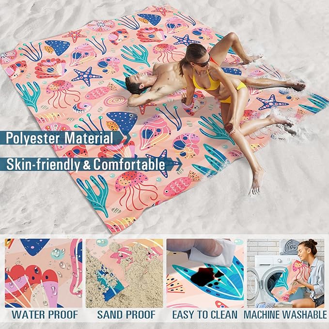 Famstar Beach Blanket Sandproof Waterproof 78''×81''1-5 Adults Oversized,Compact Lightweight Durable Beach Mat for Travel Camping Hiking Picnic Blanket