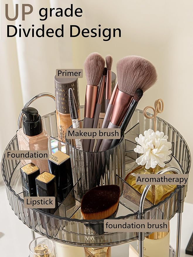 360 Rotating Makeup Organizer, 3-Tier Large Capacity Makeup Organizers and Storage, Skincare Perfume Vanity Organizers, Bathroom Cosmetics Storage Organizer Countertop (Grey)