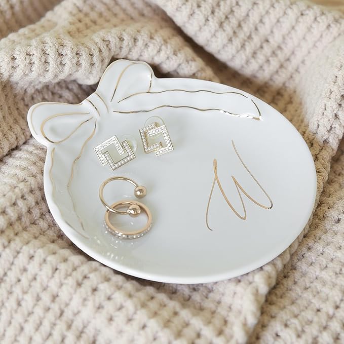 COLLECTIVE HOME - Personalized Initial Ceramic Jewelry Tray with Bow, Christmas Gift Ideas for Women, Small Gift for Girlfriend Wife, Ring Holder, Earrings Dish, Birthday Gift for Her (W)