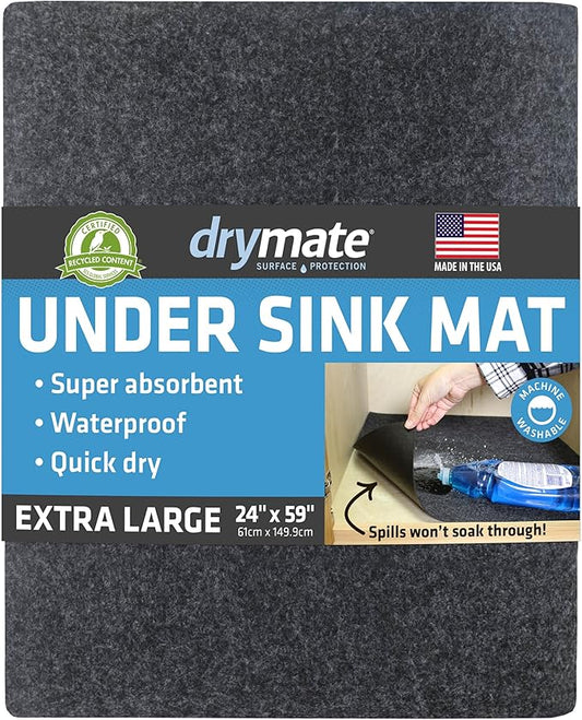 Drymate Premium XL Under Sink Mat, Waterproof Cabinet Protection Mats for Kitchen & Bathroom, Absorbent Shelf Liners, Slip-Resistant, Non-Adhesive, Machine Washable (USA Made)(24”x59”)(Charcoal)