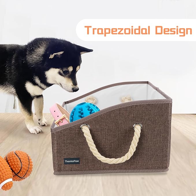 Collapsible Fabric Dog Toy Box and Storage Bin With Handle - Trapezoid Basket Chest Organizer for Pet Toys, Blankets and Accessories,Coffee