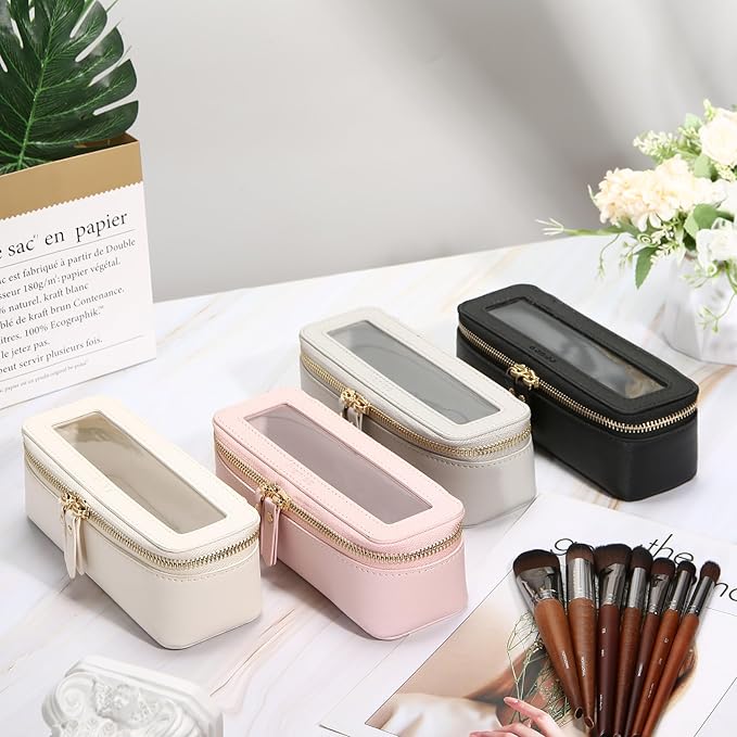 Aveniee Clear Makeup Brush Bag, Slim Cosmetic Brush Holder, Small Toiletry Bag Mini Travel Case for Women, Thin Makeup Bags with Dual Zipper, Cute Travel Essentials Organizer, Black