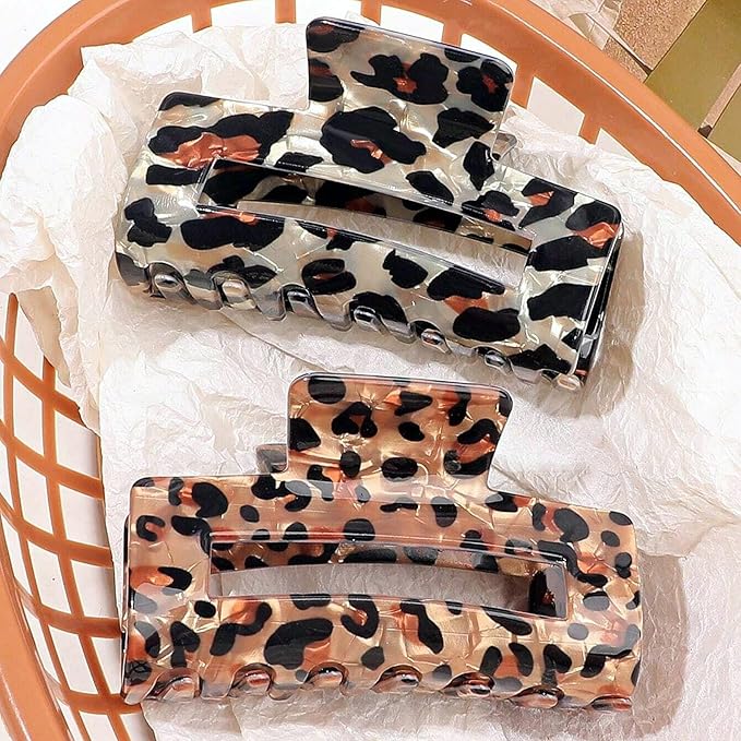 Tortoise Hair Claw Clips, 3 Inch Non-Slip Acrylic Banana Barrettes Jaw Clips, Leopard Print Strong Hold Stylish Hair Accessories for Women Ladies Thin Thick Hair (2pcs)
