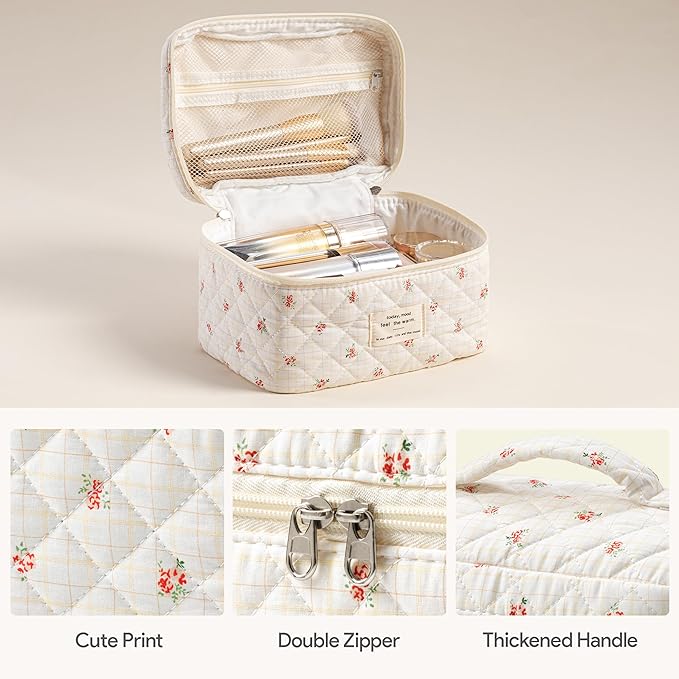 HBselect Quilted Makeup Bag, 3PCS Cotton Large Travel Makeup Bag, Cute Floral Coquette Make up Bag Cosmetic Bag Toiletry Bag for Women Girls