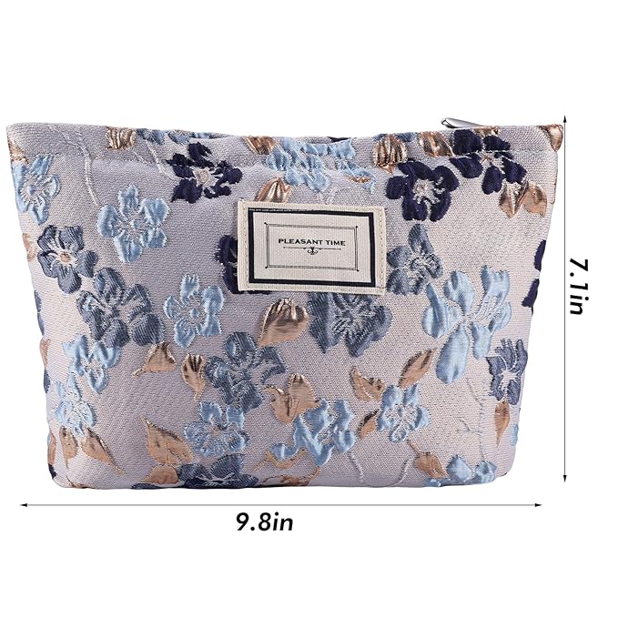 ZLFSRQ Flower Makeup Bag Travel Cute Floral Cosmetic Bags for Women Large Toiletry Pouch Zipper Cosmetic Pouch for Purse Aesthetic Gray Blue Embossed Makeup Organizer Bag Portable Toiletry Bags