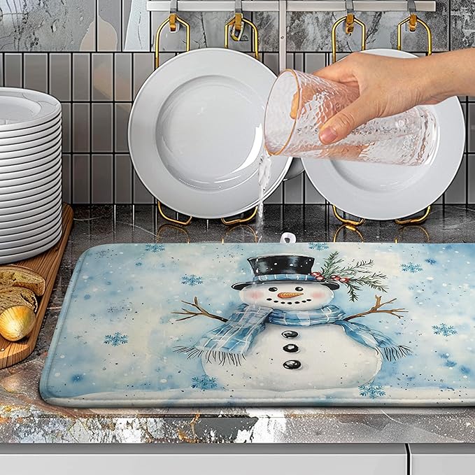 Snowman Super Absorbent Dish Drying Mat, 18x24 Inch, Winter Blue Snowflake Dish Drainer Rack, Large, Microfiber Dry Mat, Christmas Kitchen Accessory