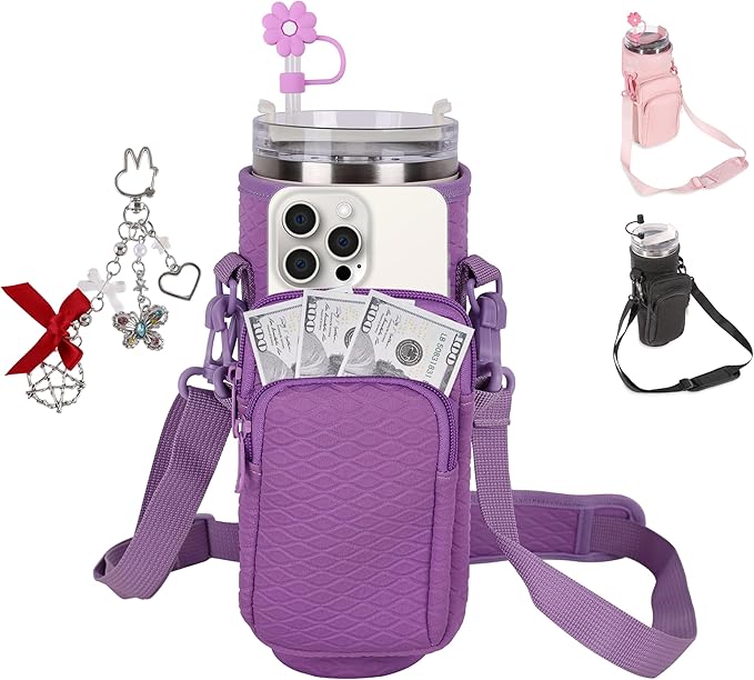 &And Per Se Water Bottle Shoulder Bag for Women, Neoprene Carrier with Phone Pocket & Purple Charm, Adjustable Crossbody Strap Fits Stanley 40oz Tumblers, Gift for Her (Purple)