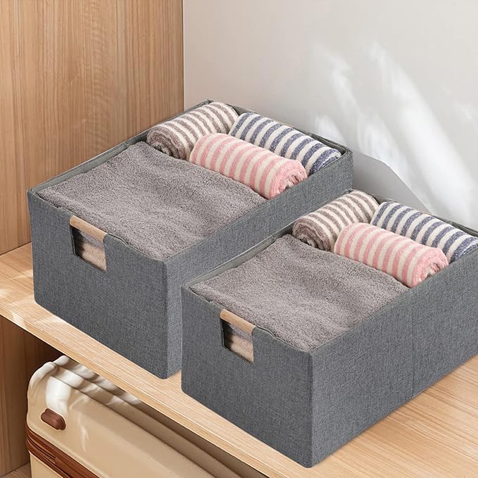Fabric Storage Bin Box Foldable Cotton Linen Storage Basket with Wooden Handles Rectangular Cube Decorative Home Laundry Organizer Clothes Blanket Container - Grey, Small