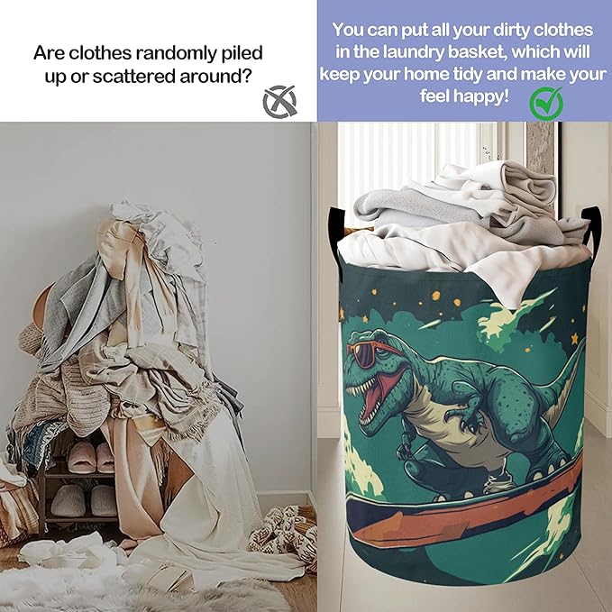 Cute Tyrannosaurus Rex Laundry Basket-Large Foldable Hamper Holder Portable Tall Collapsible Laundry Hamper Storage Basket Bin with Handles, Canvas & Waterproof lining for Household Items