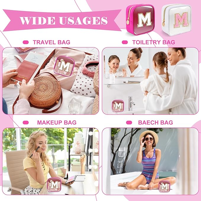 Personalized Initial Letter Clear Preppy Makeup Bag,Mini Nylon Chenille Letter Cosmetic Bag Cute Zipper Pouch Coin Purse for Teen Girls,Portable TSA Approved Travel Essentials Bag Gift for Women,M