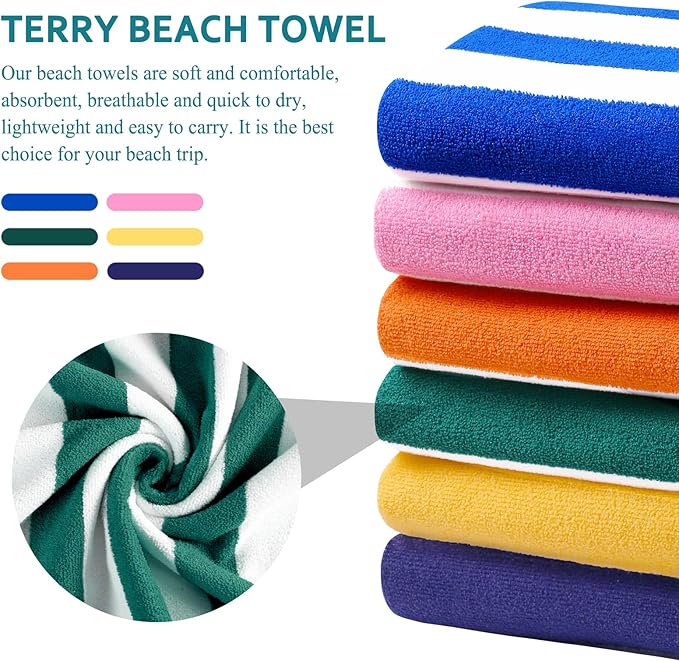 Genovega 6 Pack Stripe Beach Towel Thin Terry Set Oversized Clearance Pool Accessories Essentials Extra Large XL Big Soft Super Swim Bath Camping Towels for Girls Men Women Adults Gift Green