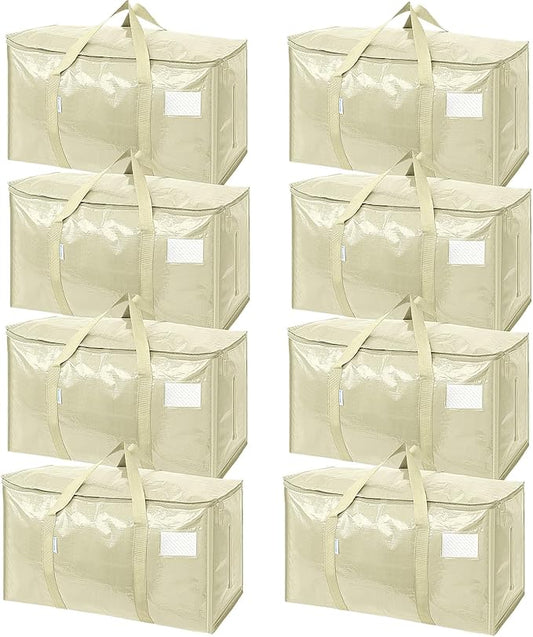 TICONN 8 Pack Extra Large Moving Bags Heavy Duty with Zippers & Carrying Handles, Durable Storage Bags Moving Boxes for Closet Organizers and Storage (8 Pack, Cream)