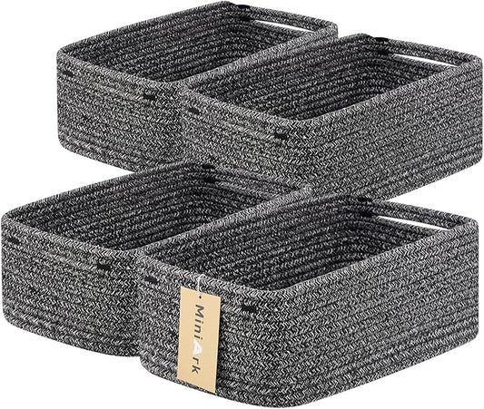 MiniArk Small Storage Baskets for Organizing | Closet Organizer Bins | Shelf Toy Basket | Woven Rope Baskets | Cube Decorative Box | Shallow Basket | 13x8.5x5.1” | 4 Packs Dark Gray