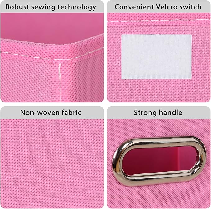 Linen Fabric Foldable Collapsible Storage Cube Bin Organizer Basket Fabric Storage Bins with Lid, Leather Handles, Removable Divider for Home, Closet, Pink 3Pcs