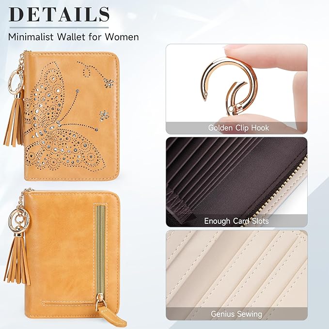 Women RFID Blocking Small Bifold Wallet, Compact Cash Clutch with Zipper Coin Pocket, Glittery Butterfly Design, Credit Card Holder, Travel Purse with Tassel YELLOW