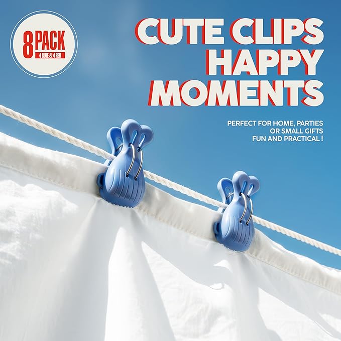 Whale Shaped Bag Clips 8 Pack – Cute Food Clips, Snack Bag Sealer, Clothespins, Kitchen Storage Clips, Towels, Party Decorations, 4 Red & 4 Blue