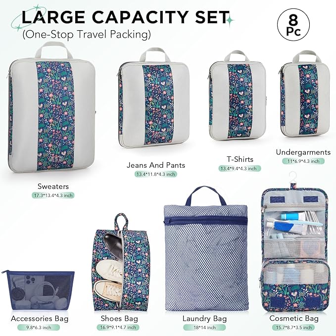 8 Set Compression Packing Cubes for Travel Essentials, Compressible Expandable Packing Cubes for Suitcase, OlarHike Luggage Organizer Bags for Travel (Dark Blue Floral)