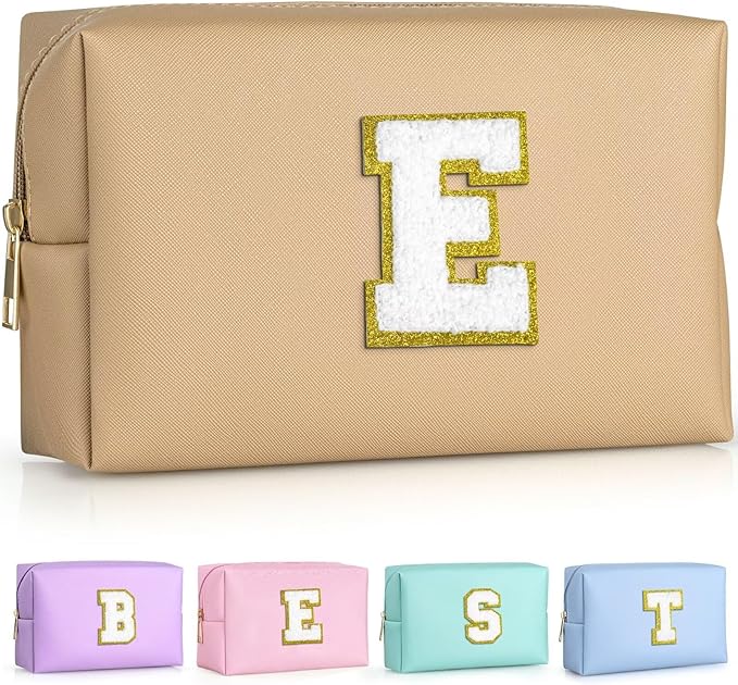 TOPEAST Monogrammed Gift for Women Girls, Personalized Initial Makeup Bags Cosmetic Bag with Zipper, Cute Makeup Pouch, PU Leather Waterproof Toiletry Bag, Preppy Gifts Stuff for Girl (Khaki E)