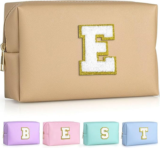 TOPEAST Monogrammed Gift for Women Girls, Personalized Initial Makeup Bags Cosmetic Bag with Zipper, Cute Makeup Pouch, PU Leather Waterproof Toiletry Bag, Preppy Gifts Stuff for Girl (Khaki E)