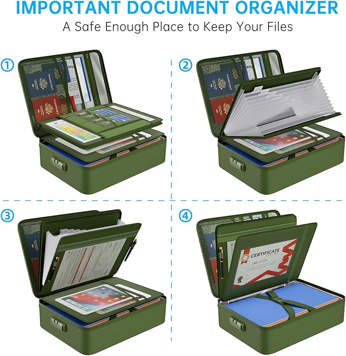 ENGPOW 5200 Fireproof File Organizer Bag with 13 Pocket Accordion File Folder, Document Organizer Box with Lock & Labels, Multi-Layer Portable Home Travel Safe Storage for Important Documents, Green